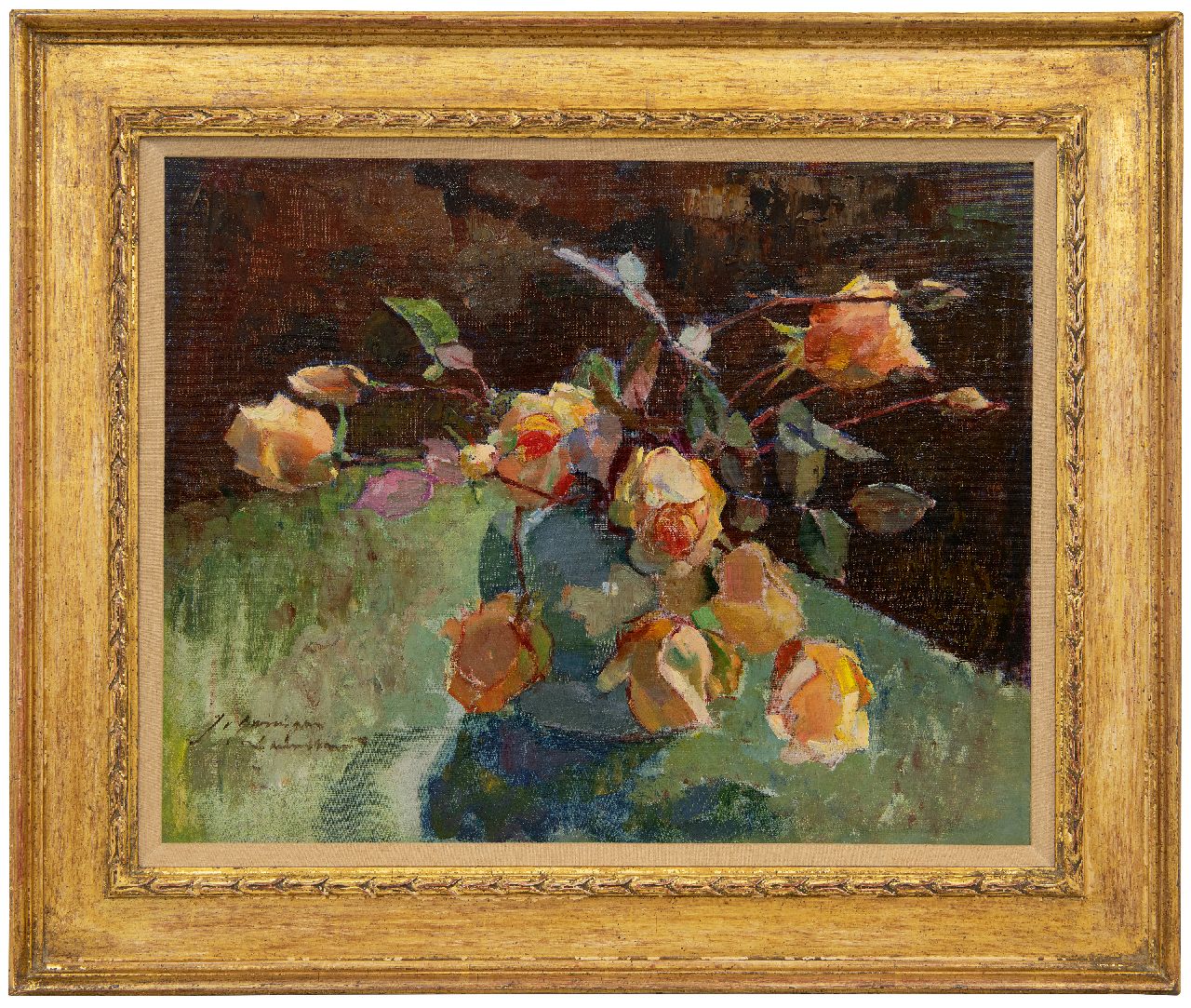 Groningen-Laurillard J.A.G. van | 'Jacoba' Adriana Geertruida van Groningen-Laurillard | Gemälde zum Verkauf angeboten | Blumenstillleben mit gelben Rosen, Öl auf Leinwand auf Holz 39,7 x 49,9 cm, Unterzeichnet u.l.