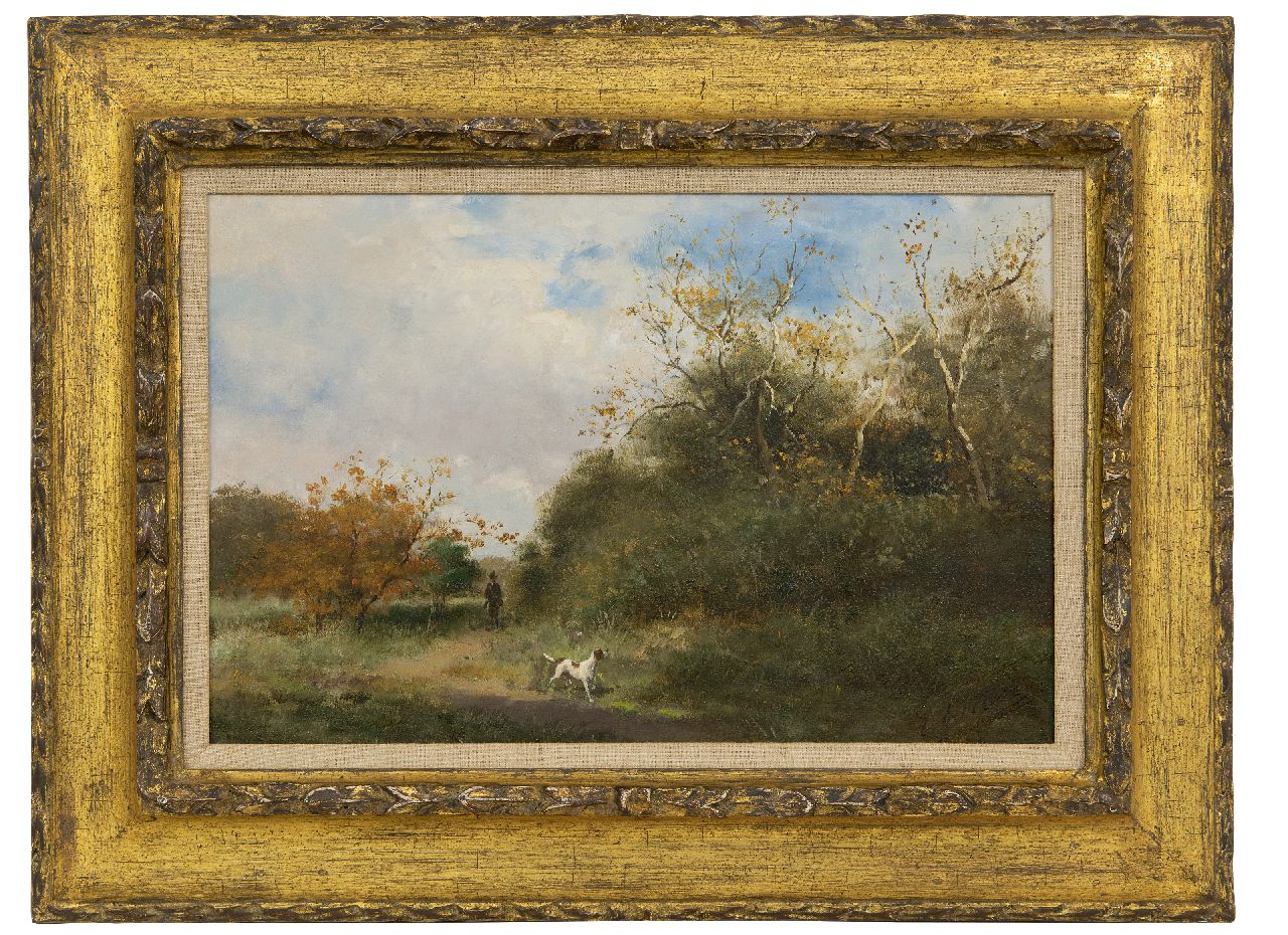 Eerelman O.  | Otto Eerelman | Gemälde zum Verkauf angeboten | Dünenlandschaft mit einem Jäger und seinem Hund, Öl auf Holz 25,3 x 38,5 cm, Unterzeichnet u.r.