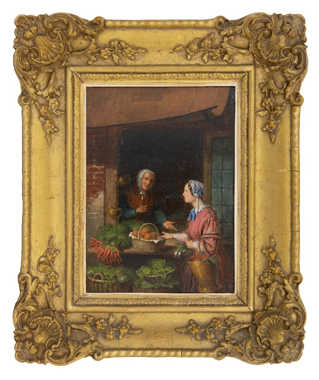 Scheerboom A.  | Andries Scheerboom | Gemälde zum Verkauf angeboten | Die Gemüseverkäuferin, Öl auf Holz 34,4 x 25,9 cm, Unterzeichnet u.r. mit Initialen und datiert 1861