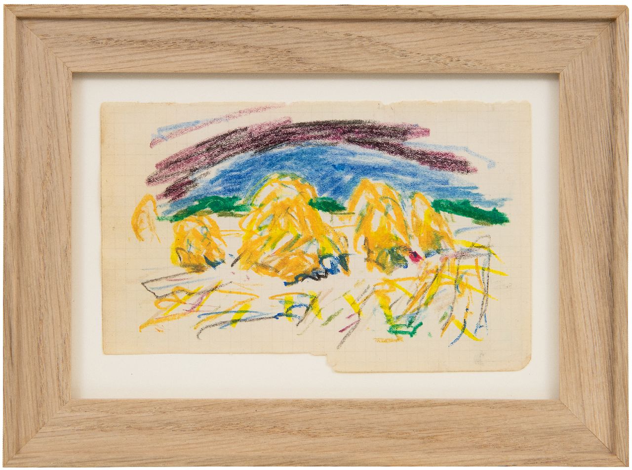 Altink J.  | Jan Altink, Landschaft mit Heuhaufen, Kreide auf Papier 10,5 x 16,5 cm, Unterzeichnet u.r. mit Initialen und verkocht