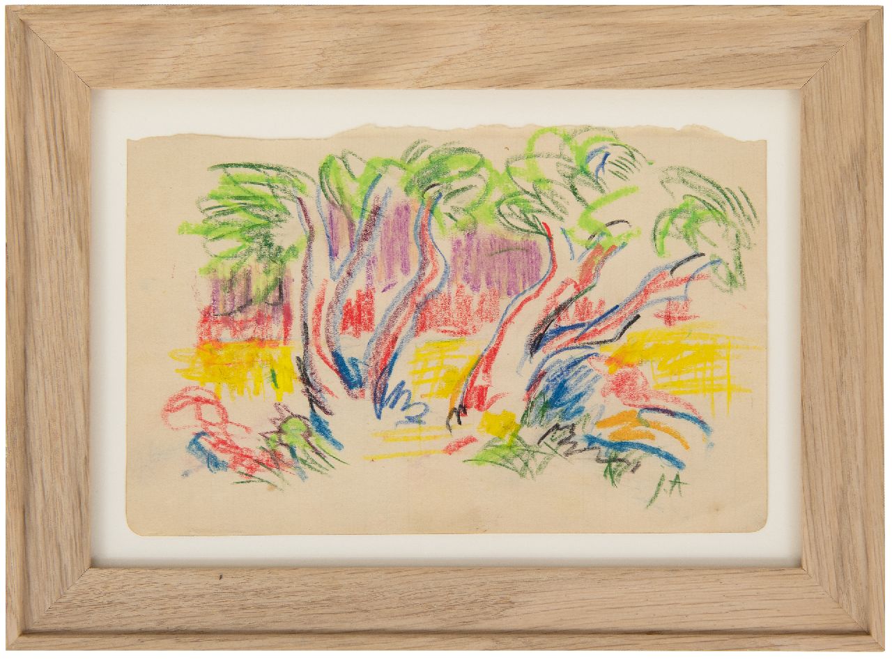 Altink J.  | Jan Altink | Aquarelle und Zeichnungen zum Verkauf angeboten | Blick zwischen Bäumen, Kreide auf Papier 12,6 x 20,1 cm, Unterzeichnet u.r. mit Initialen