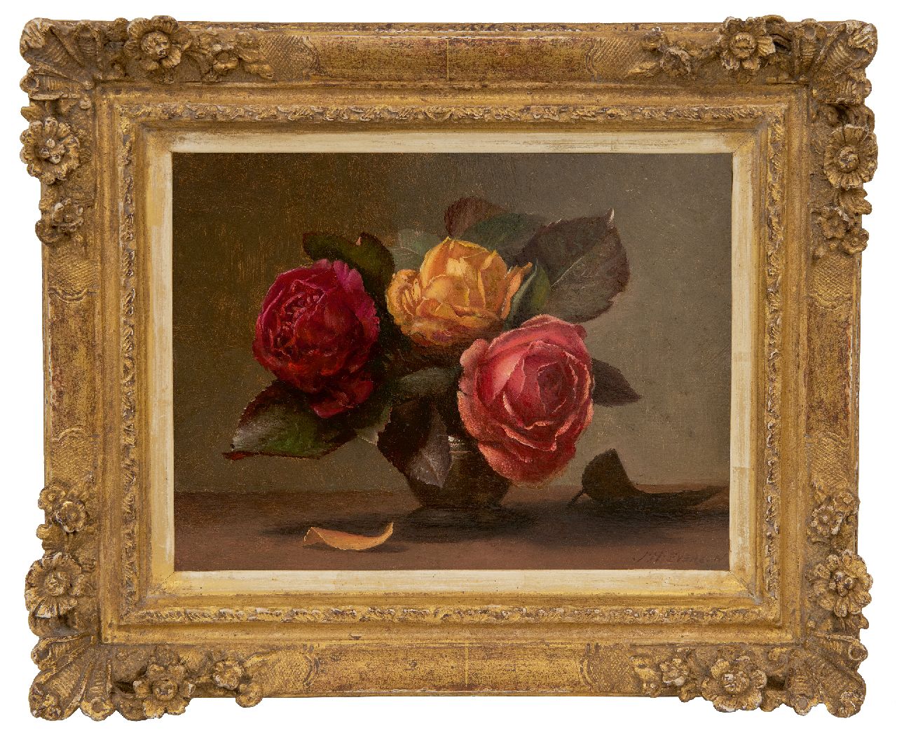 Eversen J.H.  | Johannes Hendrik 'Jan' Eversen | Gemälde zum Verkauf angeboten | Rosen in einer Zinnvase, Öl auf Holz 18,2 x 24,1 cm, Unterzeichnet u.r.