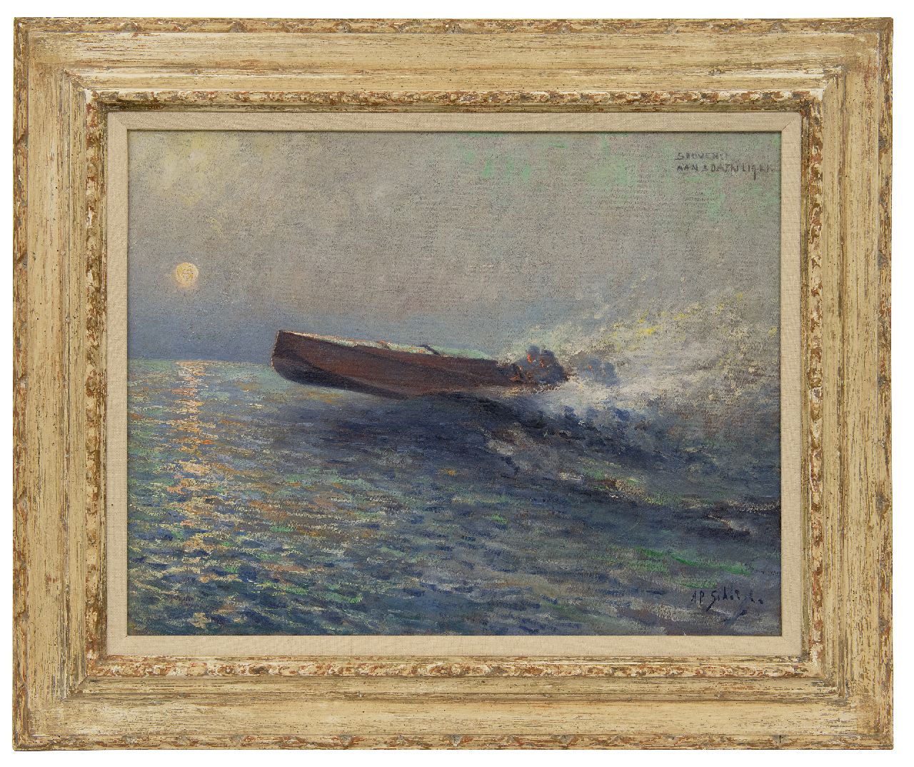 Schotel A.P.  | Anthonie Pieter Schotel, Schnellboot auf dem Meer bei Sonnenuntergang, Öl auf Leinwand 43,6 x 57,3 cm, Unterzeichnet u.r.