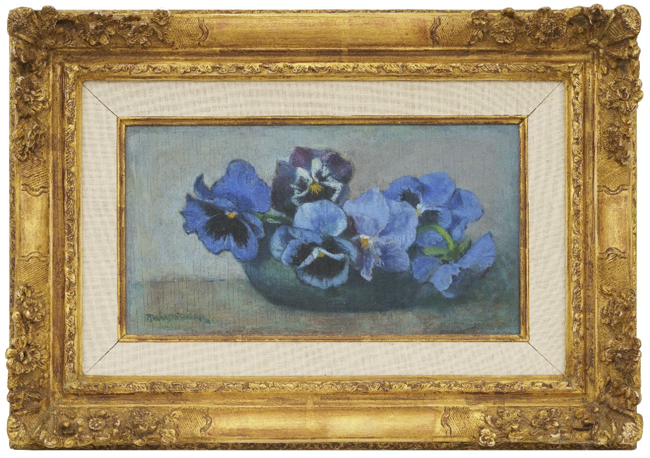 Wandscheer M.W.  | Maria Wilhelmina 'Marie' Wandscheer, Blaue Veilchen, Öl auf Holz 13,4 x 24,4 cm, Unterzeichnet u.l.