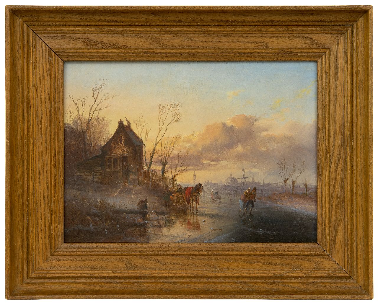 Morel II J.E.  | Jan Evert Morel II, Winterlandschaft mit Skatern, eine Stadt in der Ferne, Öl auf Holz 20,2 x 28,5 cm, Unterzeichnet u.l.