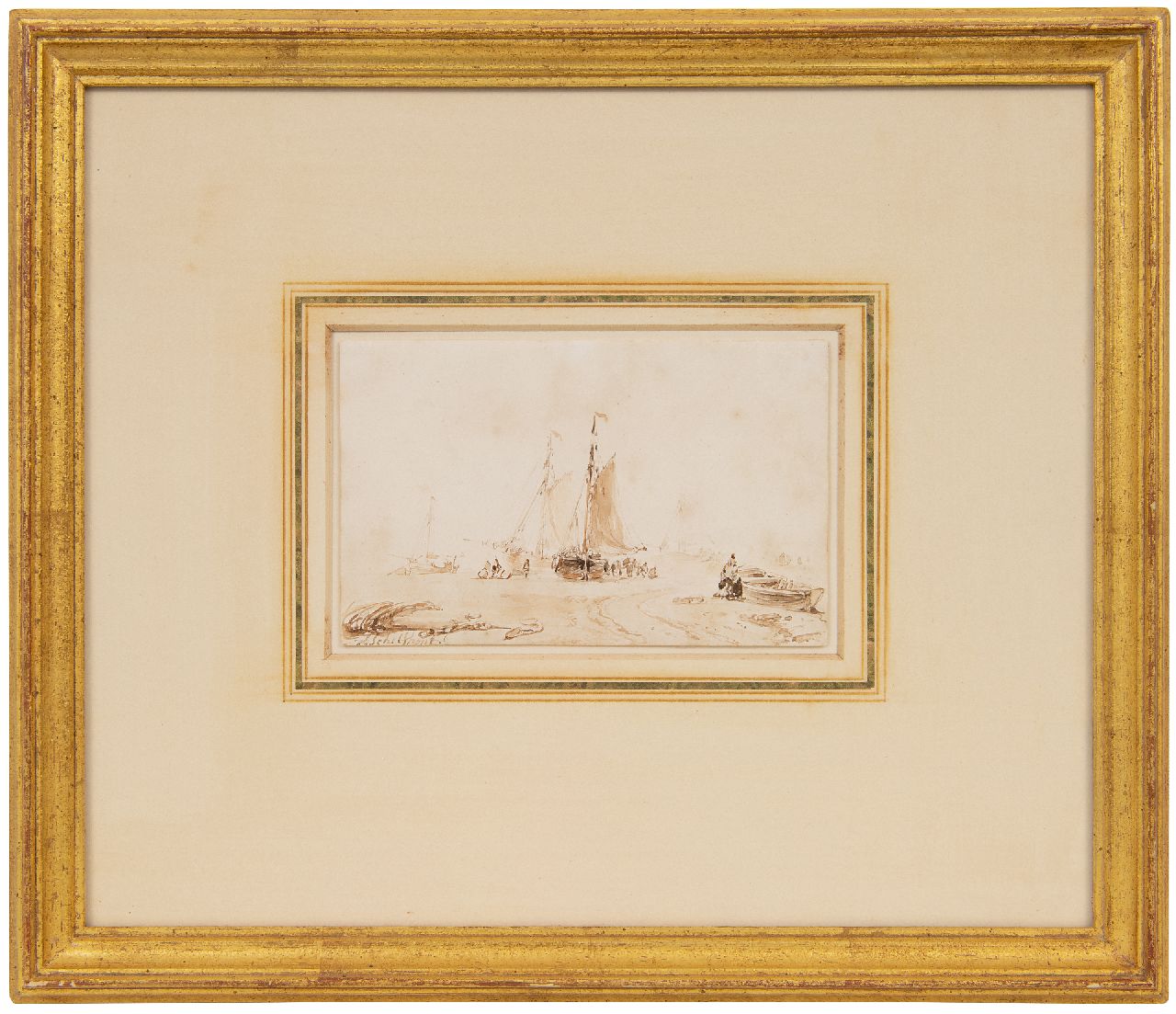 Schelfhout A.  | Andreas Schelfhout, Fischer und Bomschiffe am Strand, Sepia auf Papier 9,0 x 14,0 cm, signed l.l.