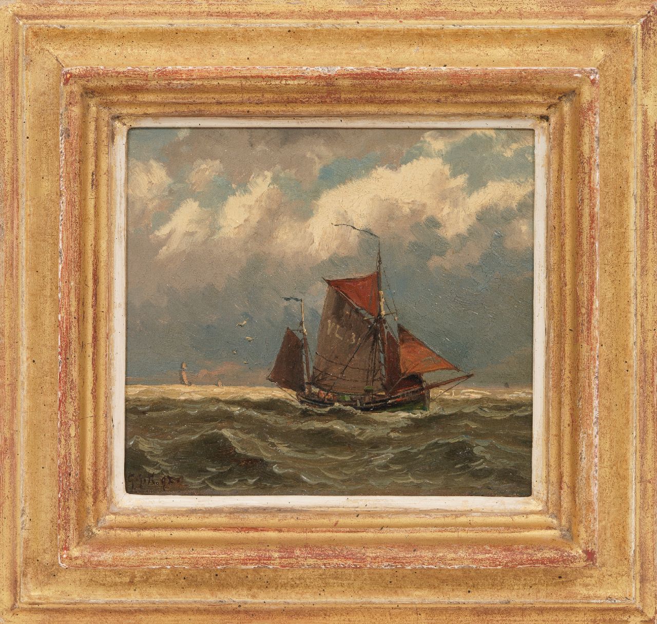 Koekkoek G.J.  | Gerardus Johannes 'Gerard' Koekkoek, Fischerboot auf hoher See, Öl auf Holz 14,6 x 16,9 cm, Unterzeichnet u.l. mit Initialen und datiert '92