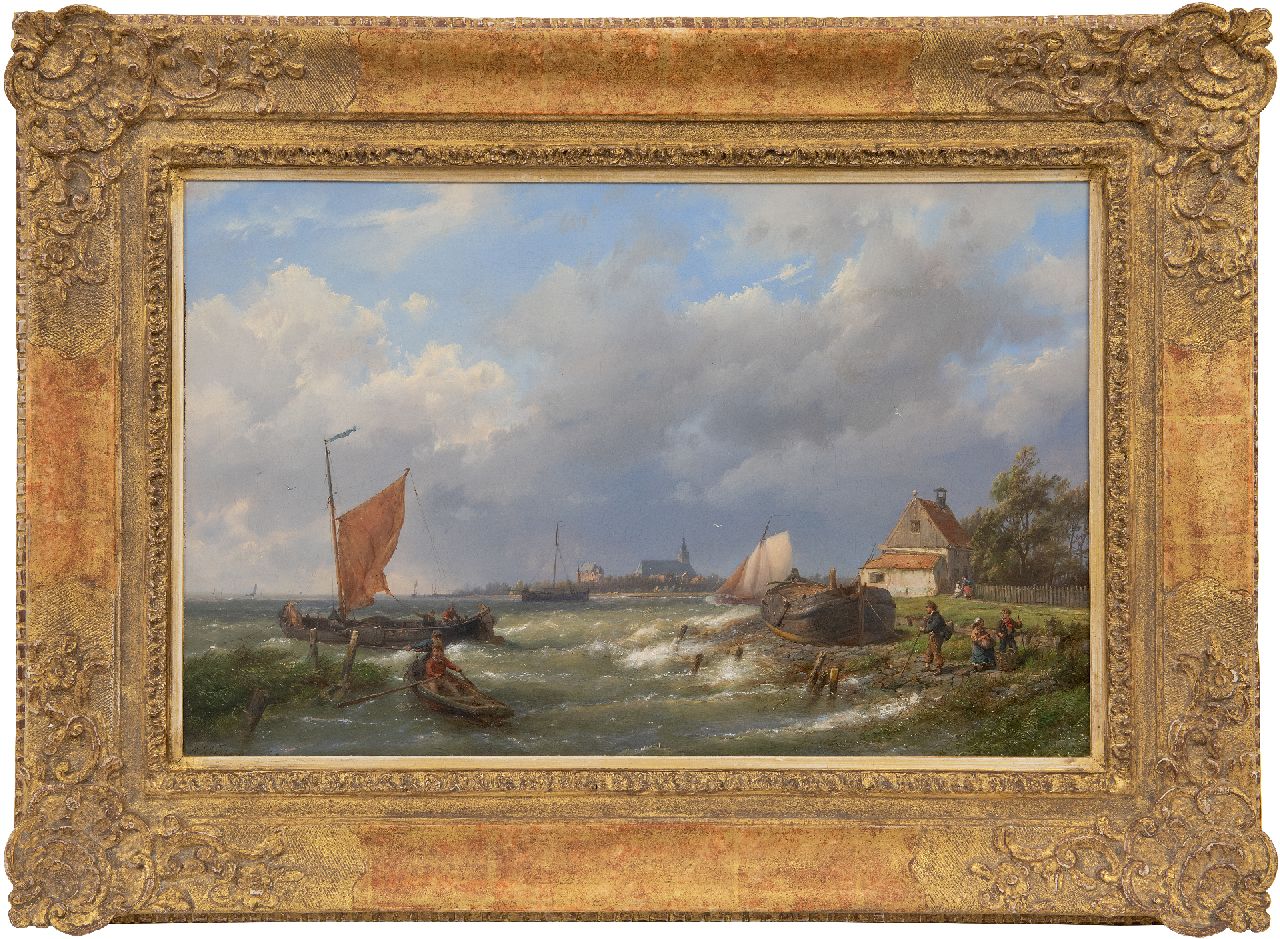 Koekkoek H.  | Hermanus Koekkoek, Eine starke Brise an der niederländischen Küste mit einem Dorf voraus, Öl auf Leinwand 37,0 x 57,7 cm, Unterzeichnet u.l.