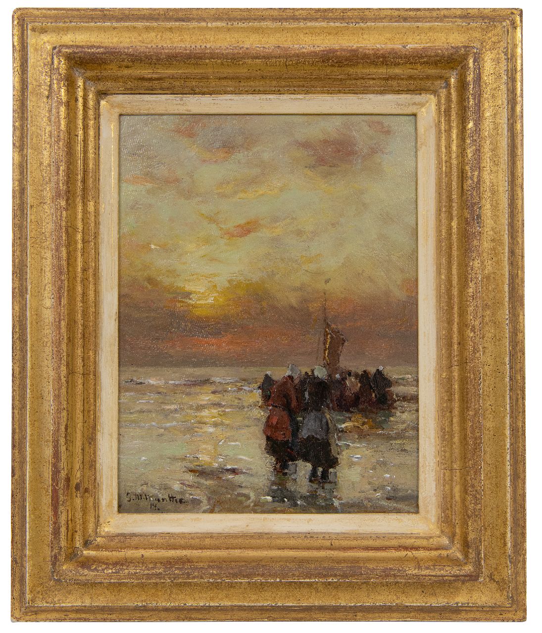 Munthe G.A.L.  | Gerhard Arij Ludwig 'Morgenstjerne' Munthe, Fischerfrauen in der Brandung bei Sonnenuntergang, Öl auf Holz 21,1 x 15,9 cm, Unterzeichnet u.l. und datiert '14