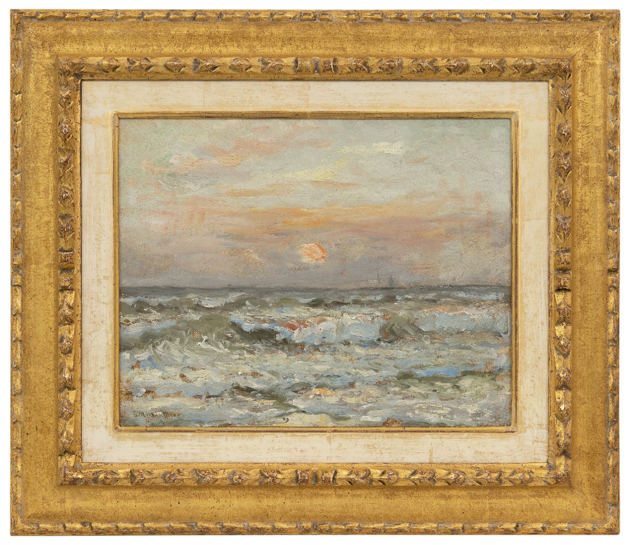 Munthe G.A.L.  | Gerhard Arij Ludwig 'Morgenstjerne' Munthe, Meereslandschaft mit untergehender Sonne, Öl auf Leinwand auf Holz 24,4 x 30,4 cm, Unterzeichnet u.l. und datiert '14
