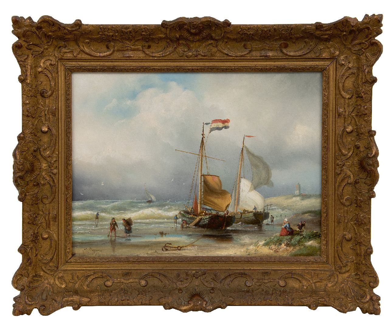 Riegen N.  | Nicolaas Riegen | Gemälde zum Verkauf angeboten | Schiffe und Fischerleute am Strand, Öl auf Holz 31,2 x 41,7 cm, Unterzeichnet u.l.