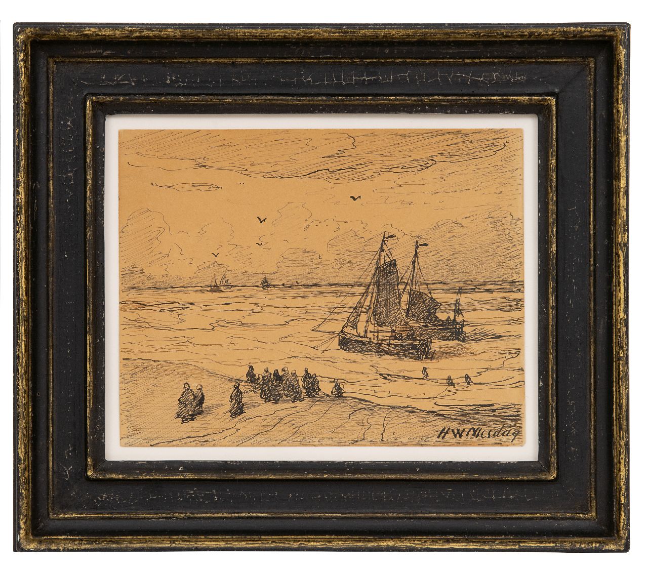 Mesdag H.W.  | Hendrik Willem Mesdag, Fischerboote in der Brandung, Scheveningen, Feder und Tinte auf Papier 11,4 x 14,5 cm, Unterzeichnet u.r. und datiert im Verso 3 Nov 1894