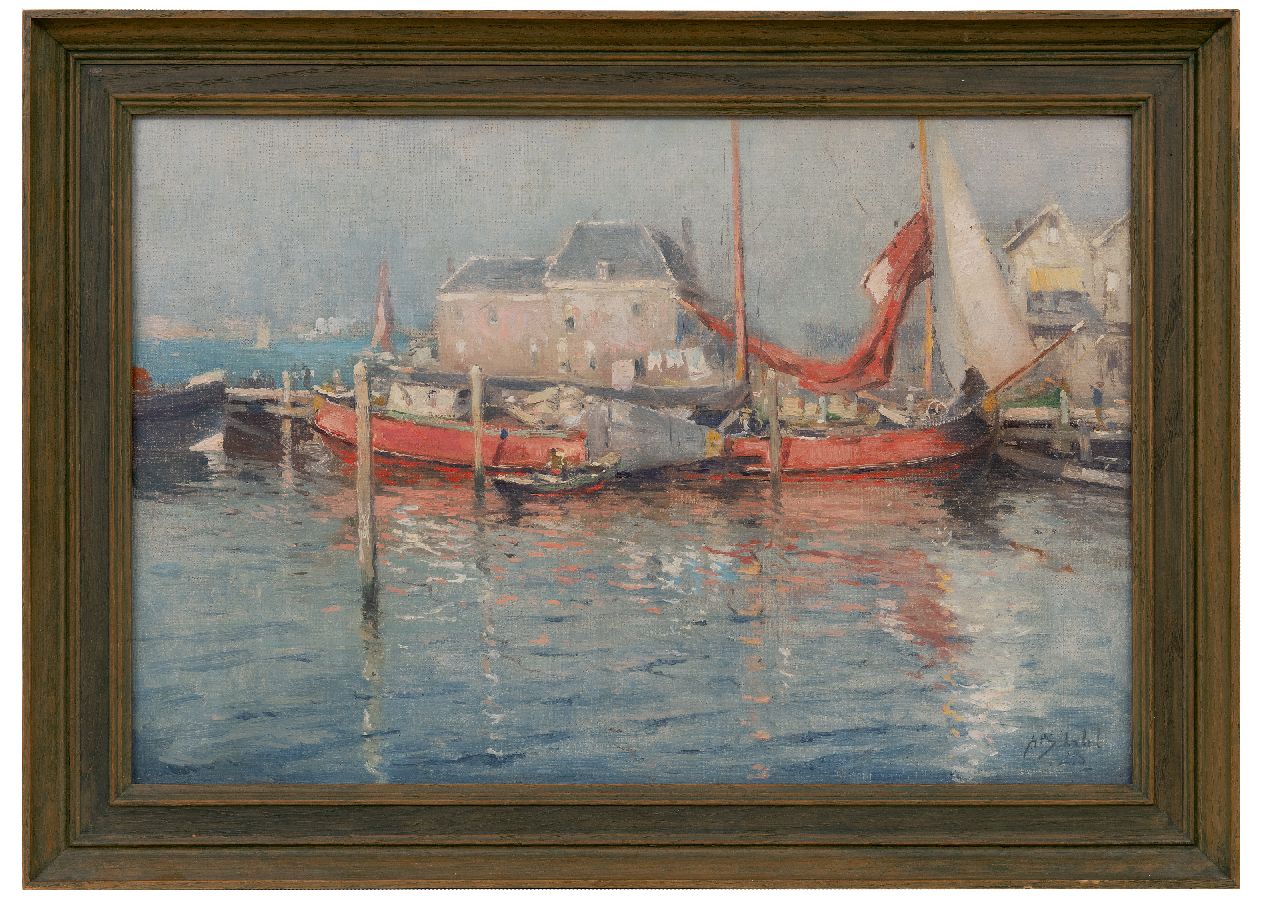 Schotel A.P.  | Anthonie Pieter Schotel | Gemälde zum Verkauf angeboten | Hafenblick mit festgemachtem Tjalk, Öl auf Leinwand 40,3 x 60,9 cm, Unterzeichnet u.r. und datiert '23, ohne Rahmen
