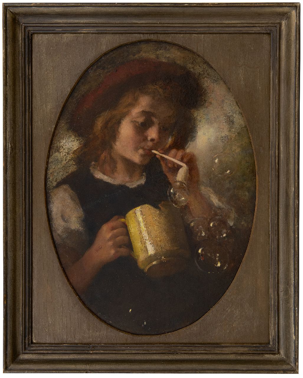 Broedelet A.V.L.  | 'André' Victor Leonard Broedelet | Gemälde zum Verkauf angeboten | Junge, der Seifenblasen bläst, Öl auf Eternit 43,0 x 30,1 cm