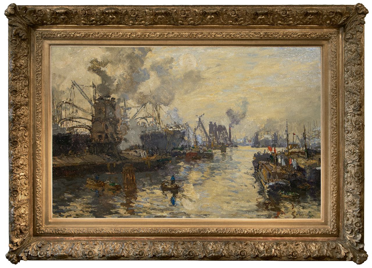 Mastenbroek J.H. van | Johan Hendrik van Mastenbroek | Gemälde zum Verkauf angeboten | Getreidesilos im Hafen von Rotterdam, Öl auf Leinwand 84,1 x 130,5 cm, Unterzeichnet u.r. und datiert 1913
