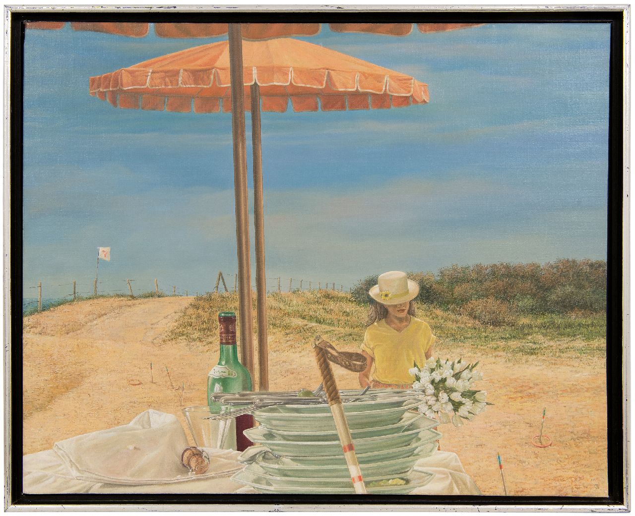 Kroef H. van der | Hans van der Kroef | Gemälde zum Verkauf angeboten | 'Boeketreeks', Öl auf Leinwand 60,3 x 75,0 cm, Unterzeichnet auf dem Weinflaschenetikett und datiert '89