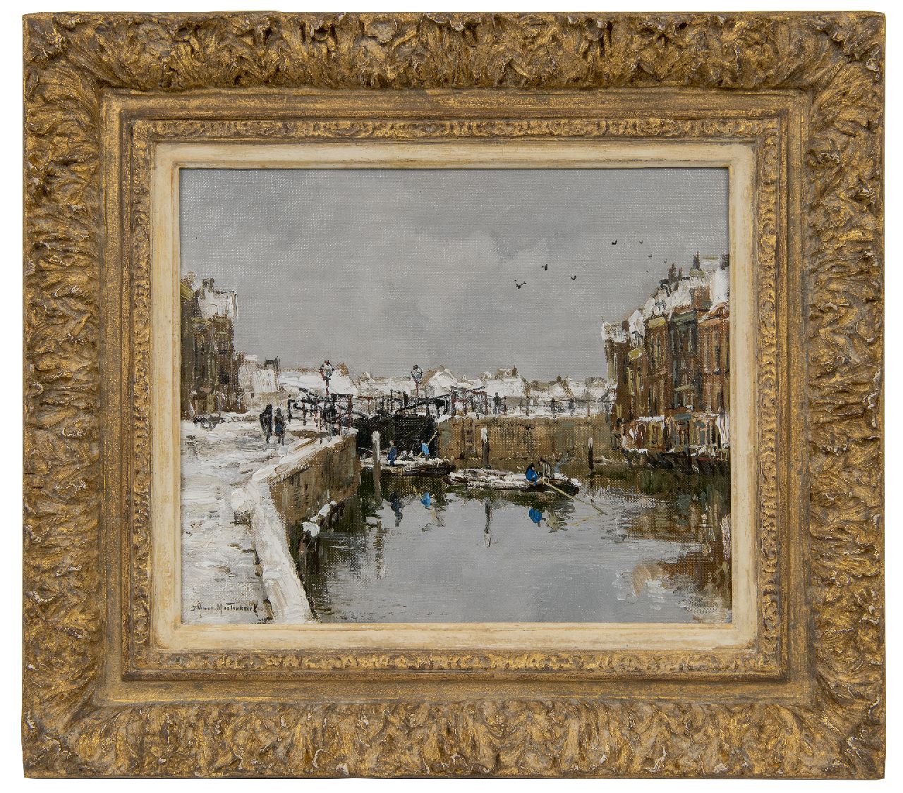 Mastenbroek J.H. van | Johan Hendrik van Mastenbroek, Sluisje bij winter (Sperren im Winter), Öl auf Leinwand auf Holz 24,3 x 27,4 cm, Unterzeichnet u.l.