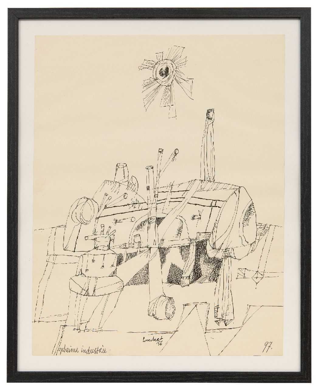 Lucebert (Lubertus Jacobus Swaanswijk)   | Lucebert (Lubertus Jacobus Swaanswijk) | Aquarelle und Zeichnungen zum Verkauf angeboten | Geheime industrie, Feder und Tinte auf Papier 26,9 x 20,9 cm, Unterzeichnet u.m. und datiert '56, ohne Rahmen