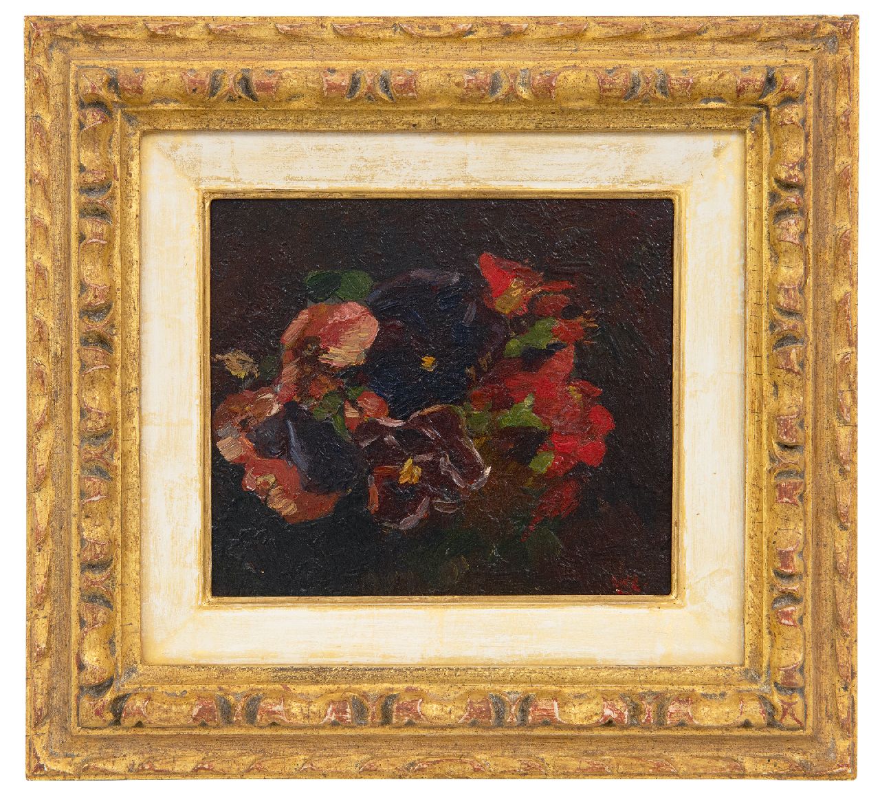 Zwart W.H.P.J. de | Wilhelmus Hendrikus Petrus Johannes 'Willem' de Zwart, Veilchen und rote Kapuzinerkresse, Öl auf Holz 13,1 x 15,2 cm, Unterzeichnet u.r. mit Initialen