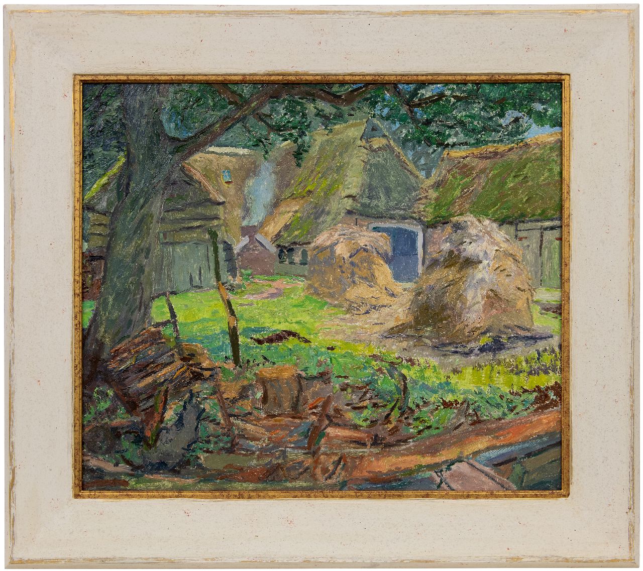 Vries J. de | Jannes de Vries, Bauernhof mit Heuscherben, Öl auf Leinwand 60,4 x 70,8 cm, Unterzeichnet im Verso mit Monogramm
