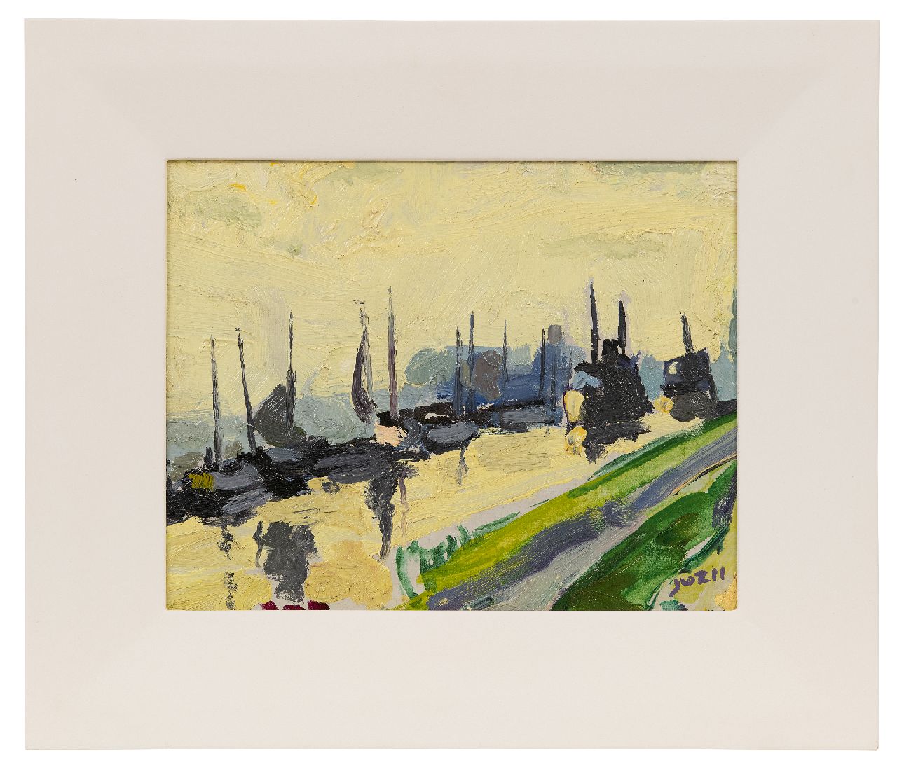 Zee J. van der | Jan van der Zee | Gemälde zum Verkauf angeboten | Schiffe im Damsterdiep; im Verso: Sommerlandschaft, Öl auf Holz 24,4 x 30,5 cm, Unterzeichnet u.r.