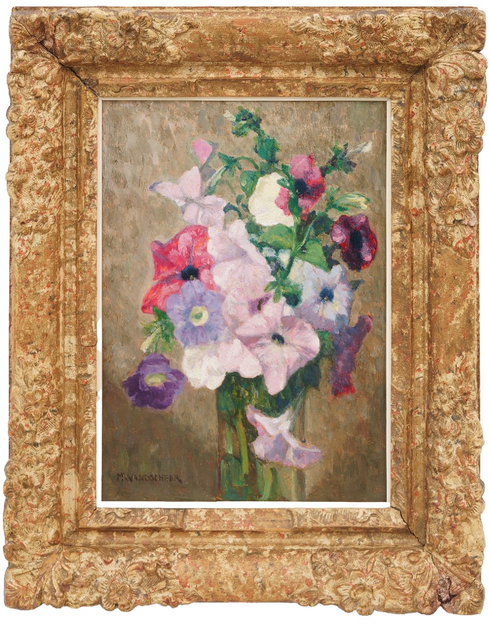 Wandscheer M.W.  | Maria Wilhelmina 'Marie' Wandscheer, Blumenstillleben mit Petunien, Öl auf Holz 32,2 x 23,6 cm, Unterzeichnet u.l.