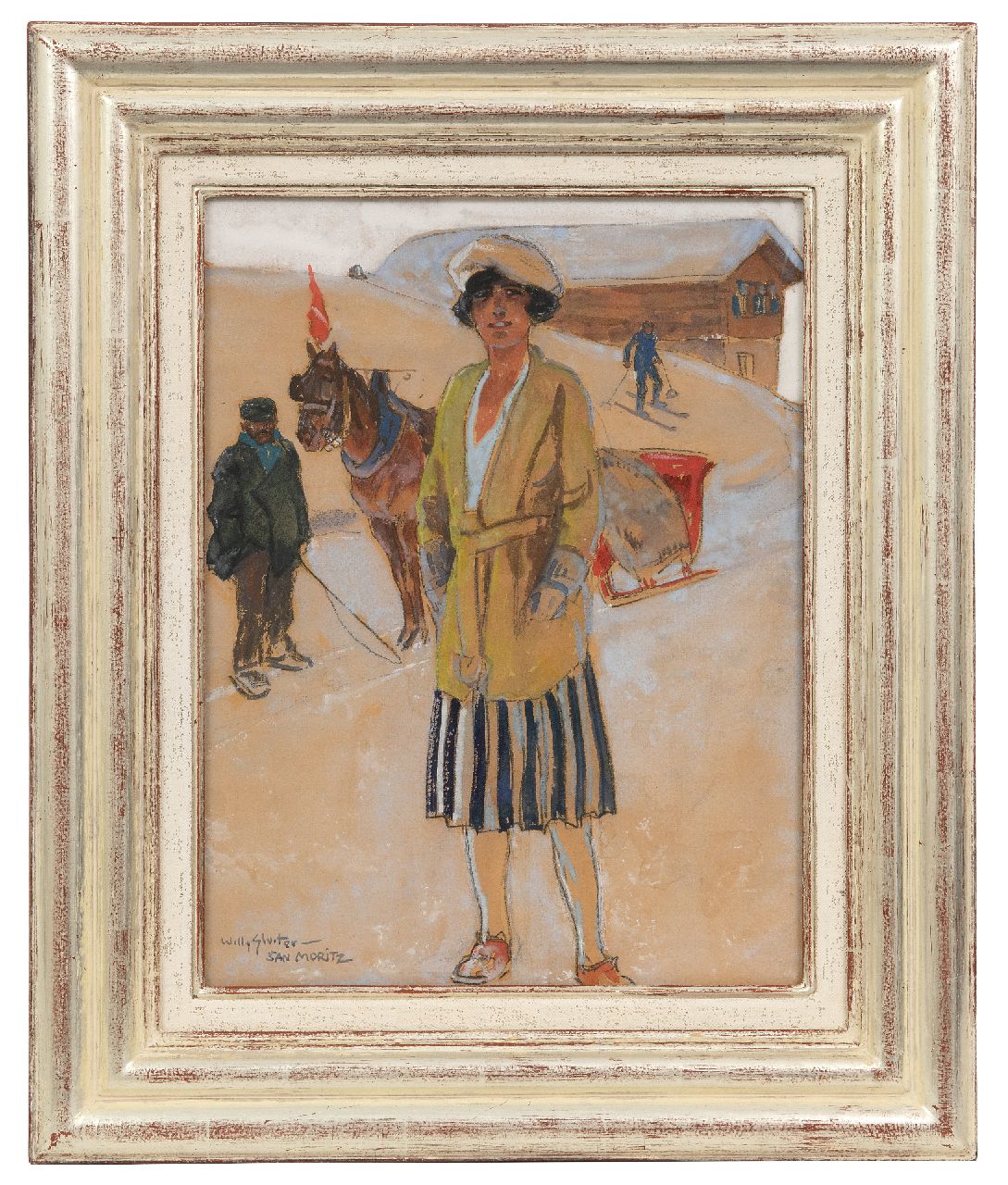 Sluiter J.W.  | Jan Willem 'Willy' Sluiter, Schneesport in St. Moritz, Schwarze Kreide und Aquarell auf Papier 31,2 x 25,1 cm, Unterzeichnet u.l. und im Verso datiert 1928