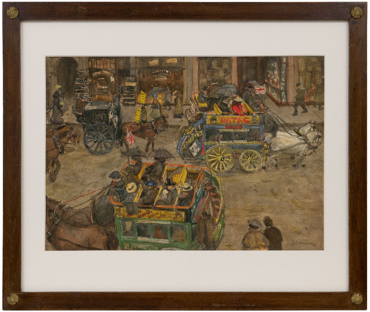 Cossaar J.C.W.  | Jacobus Cornelis Wyand 'Ko' Cossaar | Aquarelle und Zeichnungen zum Verkauf angeboten | Omnibusse auf einer Londoner Straße, Bleistift und Aquarell auf Papier 38,8 x 55,8 cm, Unterzeichnet u.r.
