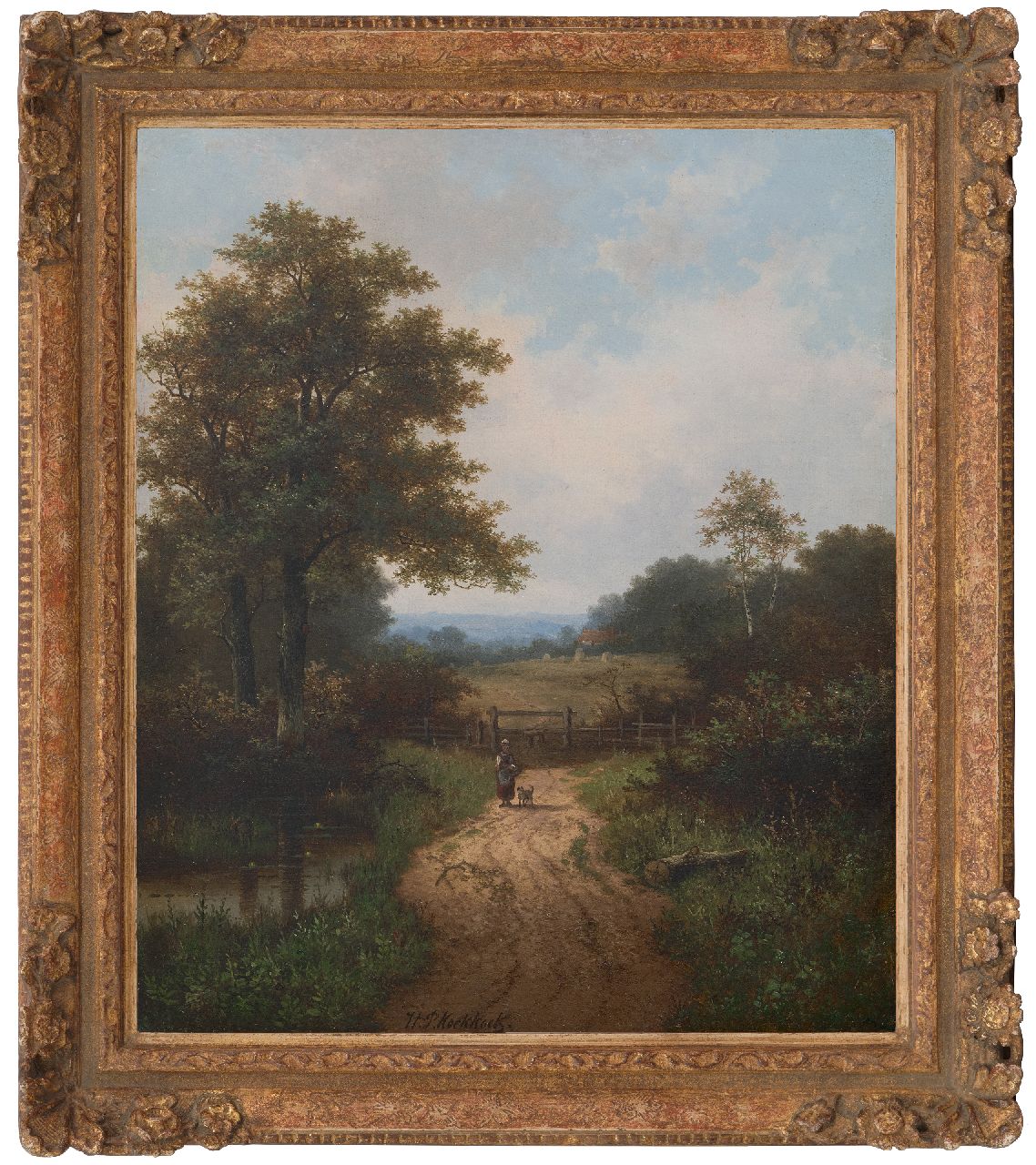 Koekkoek P.H.  | Pieter Hendrik 'H.P.' Koekkoek | Gemälde zum Verkauf angeboten | Bäuerin und Hund auf bewaldeter Landweg, Öl auf Leinwand 61,0 x 50,7 cm, Unterzeichnet u.M.