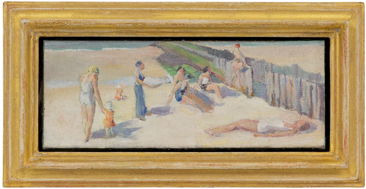 Kat E. de | Ewoud de Kat | Gemälde zum Verkauf angeboten | Sonnenbaden am Strand, Zeeland, Öl auf Leinwand 13,5 x 35,3 cm