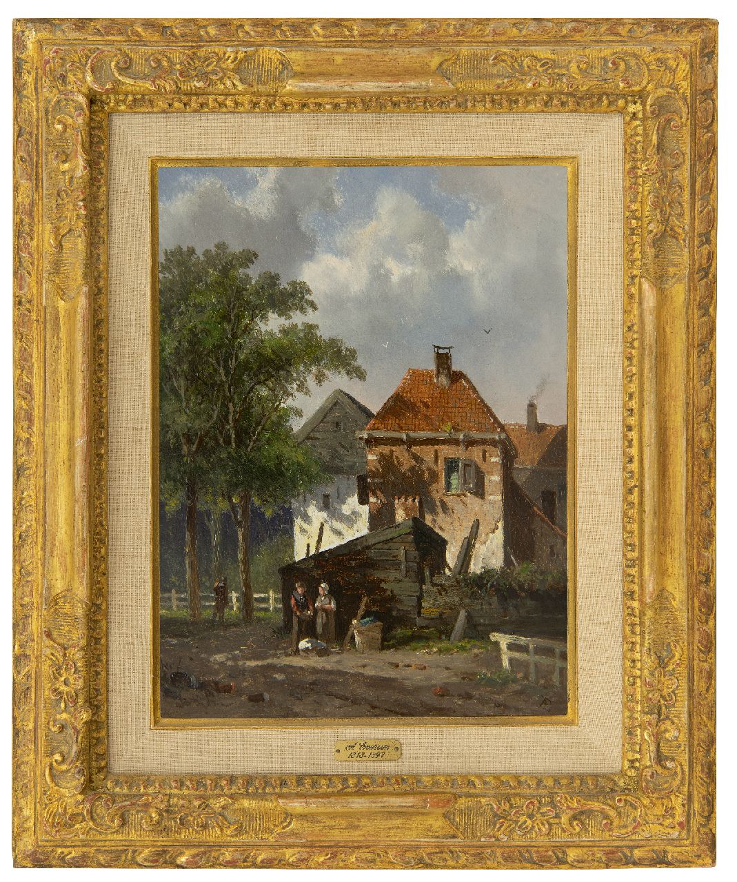 Eversen A.  | Adrianus Eversen, Sommerlicher Blick in einem Dorf, Öl auf Holz 27,0 x 20,0 cm, Unterzeichnet u.r. mit Monogramm
