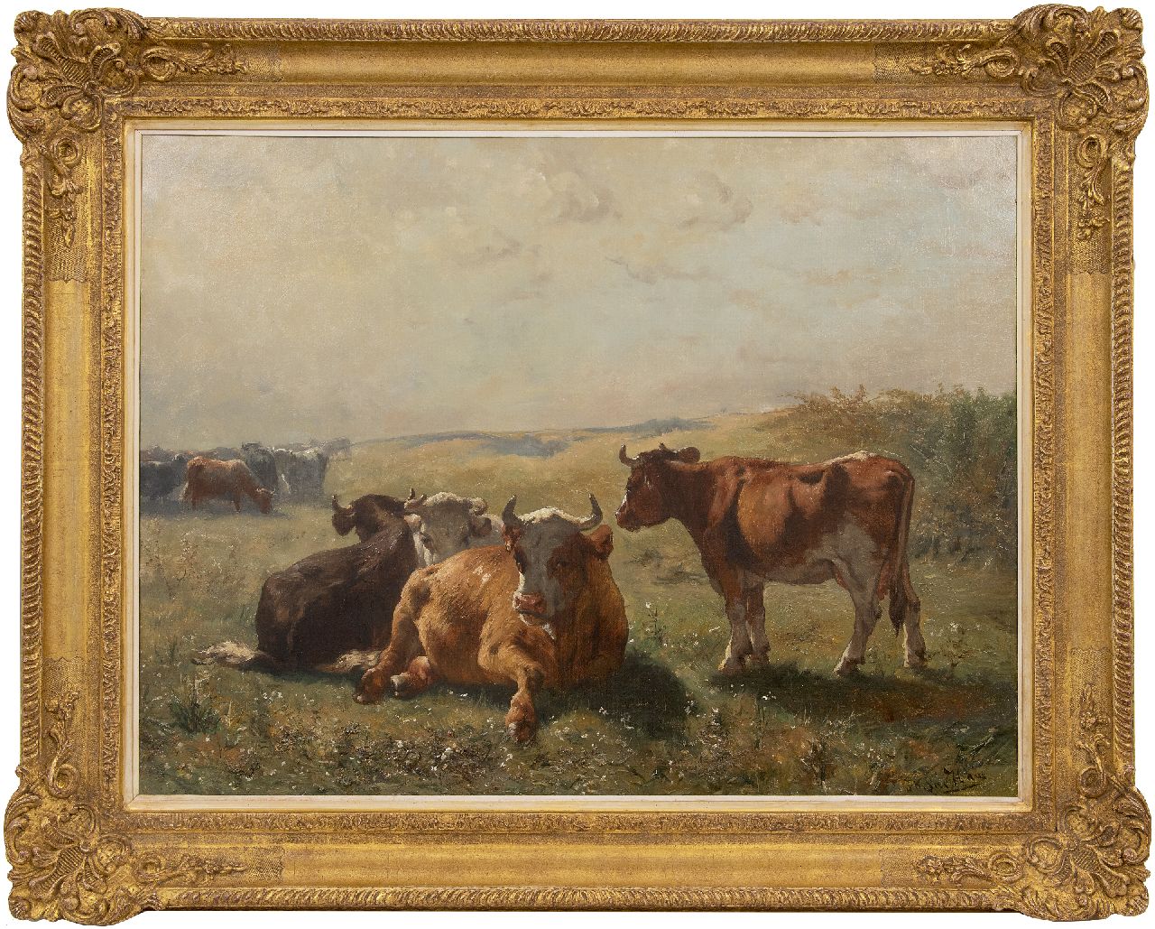 Haas J.H.L. de | Johannes Hubertus Leonardus de Haas, Sommerlandschaft mit Vieh, Öl auf Leinwand 69,5 x 89,7 cm, Unterzeichnet u.r.