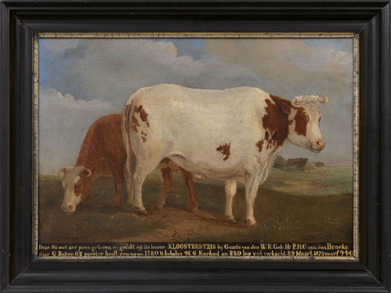 Vreedenburgh G.  | Gerrit Vreedenburgh | Gemälde zum Verkauf angeboten | ​Porträt eines Ochsen vom Hof ​​Kloosterstein bei Gouda, Öl auf Holz 35,7 x 49,4 cm, Unterzeichnet u.l. und zu datieren um 1875