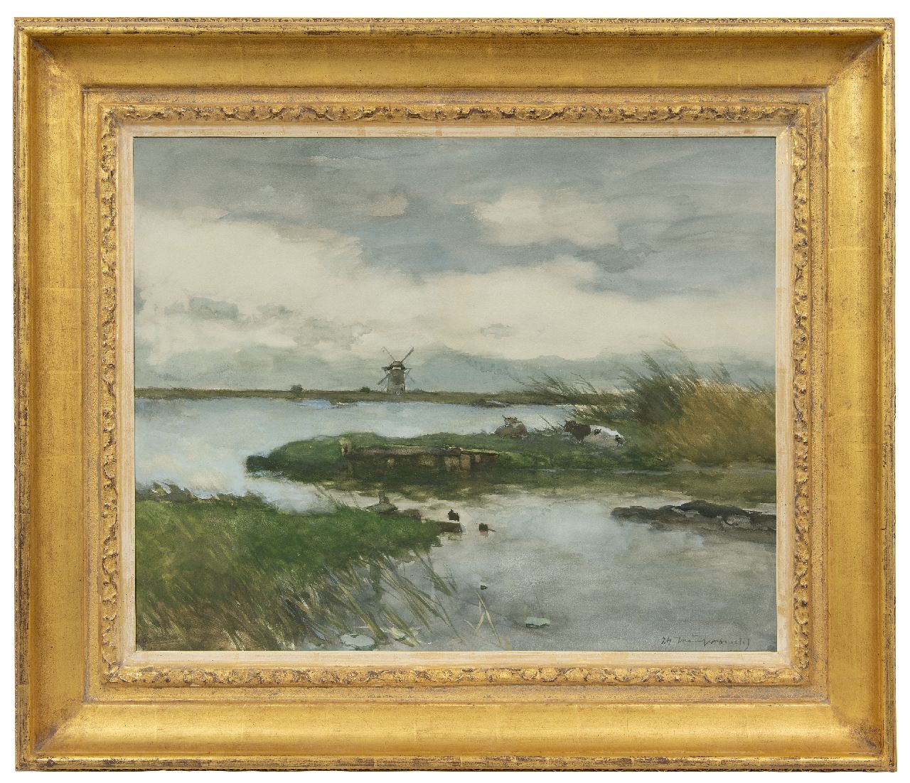 Weissenbruch H.J.  | Hendrik Johannes 'J.H.' Weissenbruch, Ruhenden Kühen bei der Nieuwkoopse Plassen, Aquarell und Gouache auf Papier 47,2 x 59,2 cm, Unterzeichnet u.r.