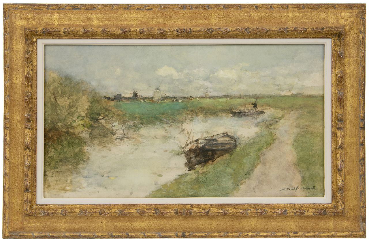 Weissenbruch H.J.  | Hendrik Johannes 'J.H.' Weissenbruch, Polderfahrt mit Kähnen, Aquarell auf Papier 30,0 x 54,6 cm, Unterzeichnet u.r.