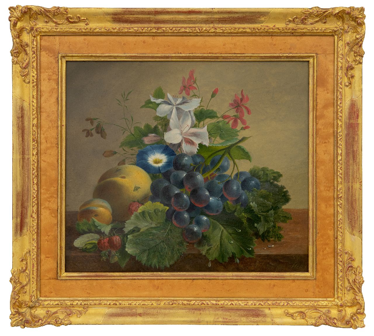 Stok J. van der | Jacoba van der Stok, Stillleben mit Blumen und Früchten auf einem Sockel, Öl auf Holz 26,2 x 30,1 cm, Unterzeichnet u.r. und datiert 1840