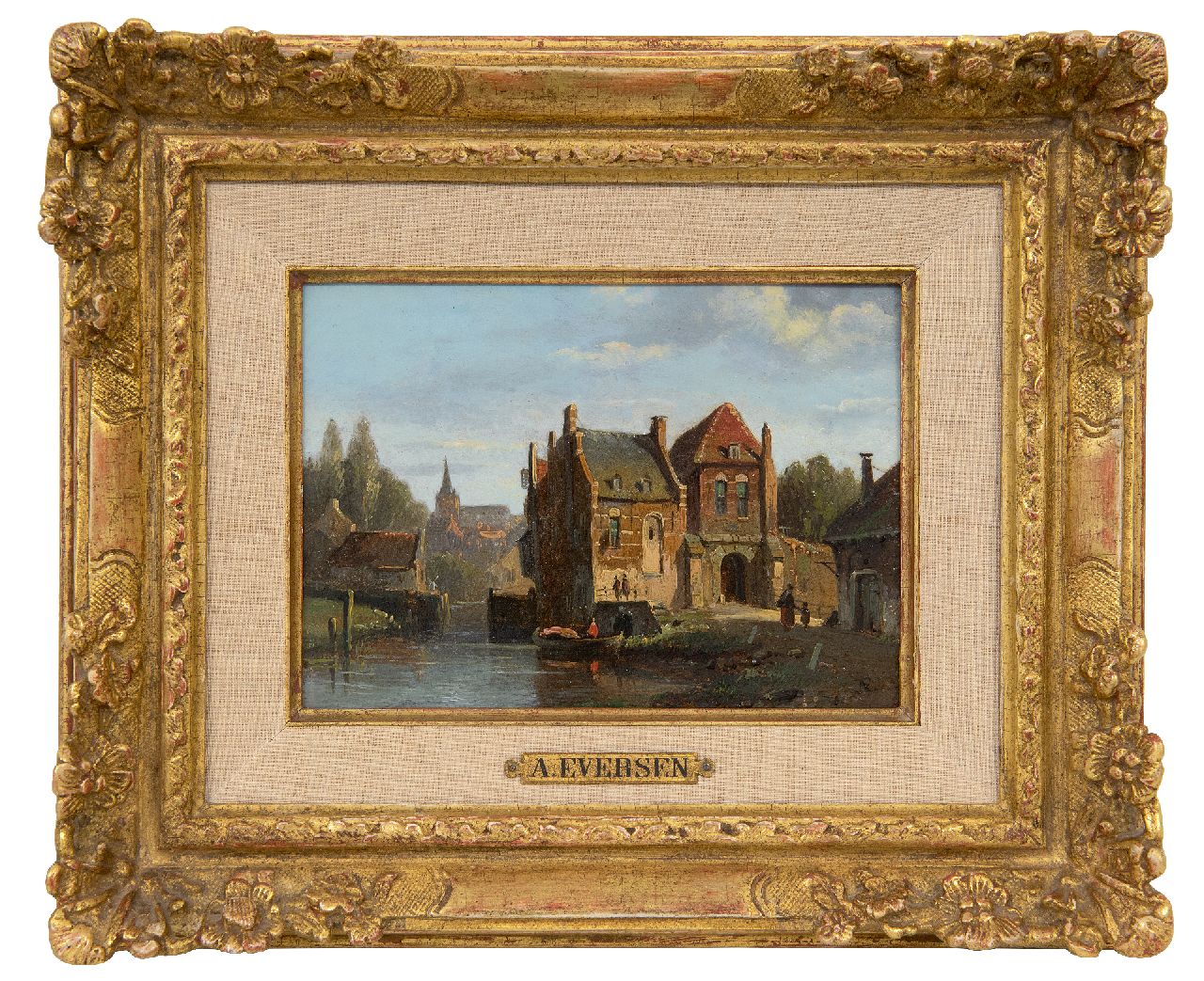 Eversen A.  | Adrianus Eversen | Gemälde zum Verkauf angeboten | Sonniger Stadtblick mit Stadttor, Öl auf Holz 13,1 x 18,0 cm, Unterzeichnet u.r. mit Monogramm