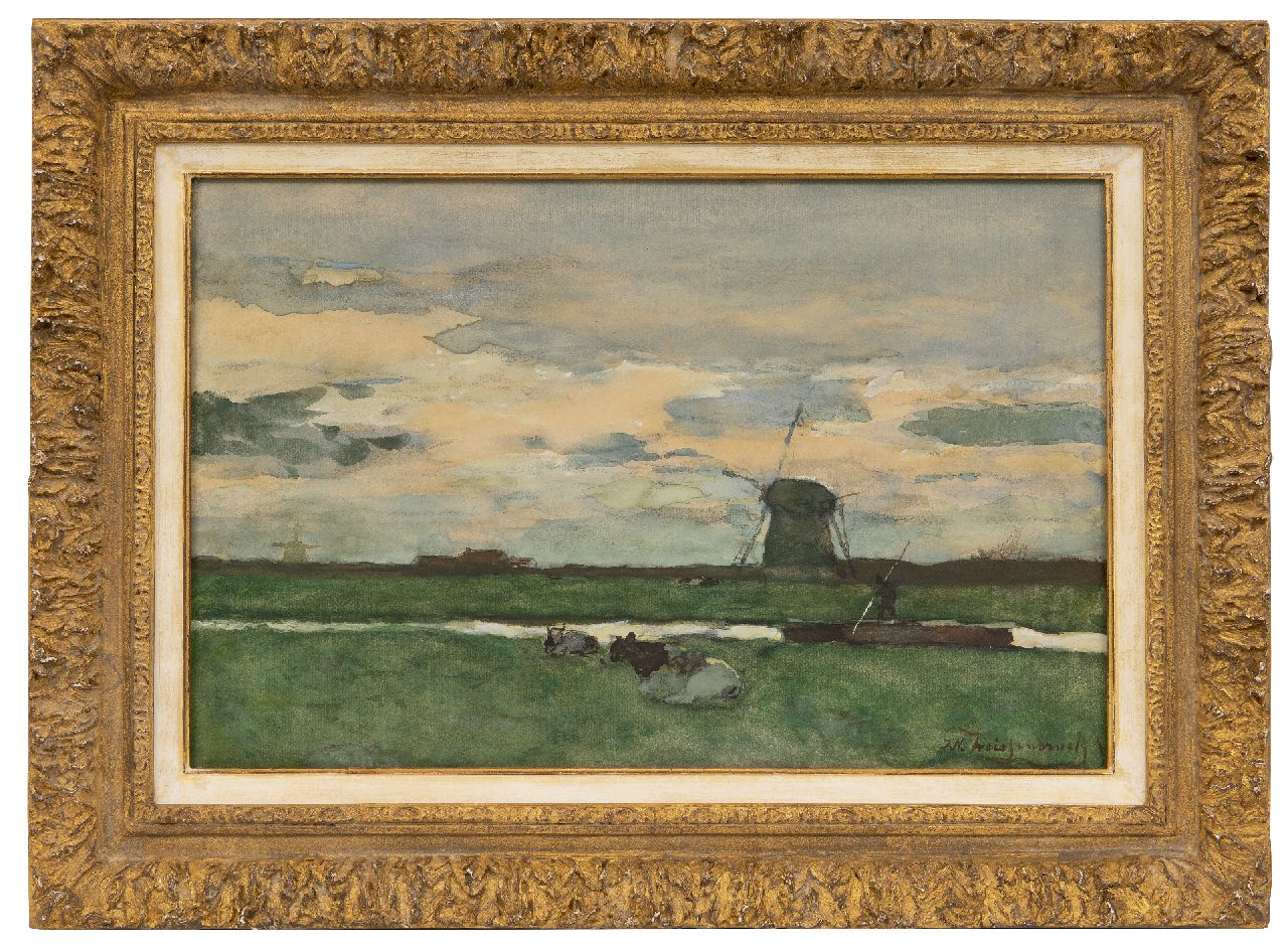 Weissenbruch H.J.  | Hendrik Johannes 'J.H.' Weissenbruch | Aquarelle und Zeichnungen zum Verkauf angeboten | Polderlandschaft mit Windmühle, Aquarell auf Papier 29,7 x 46,0 cm, Unterzeichnet u.r.