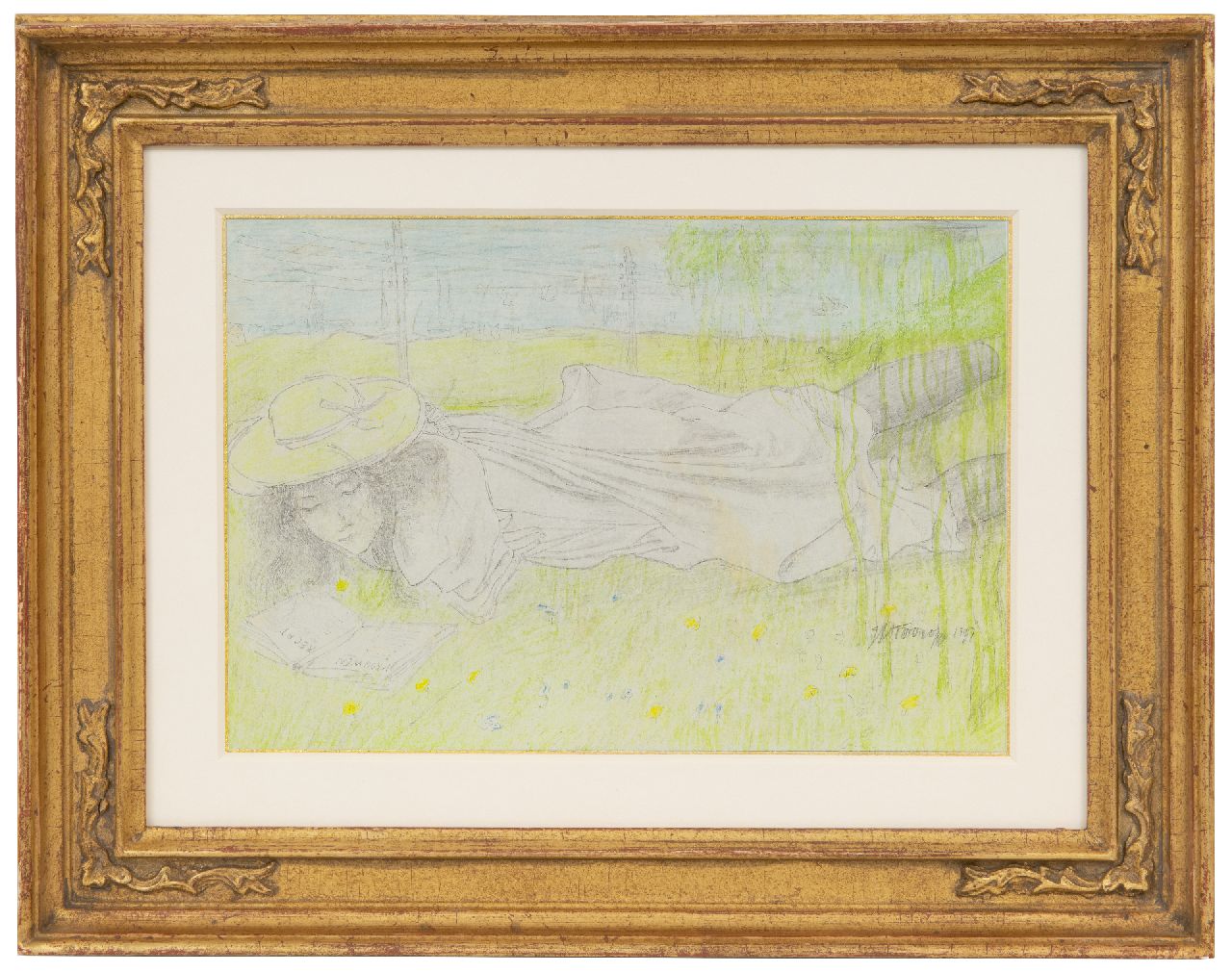 Toorop J.Th.  | Johannes Theodorus 'Jan' Toorop | Aquarelle und Zeichnungen zum Verkauf angeboten | Junge Frau feministische Prosa lesend ('Vrouwenrecht), Bleistift und Kreide auf Papier 16,2 x 20,5 cm, Unterzeichnet u.r. und datiert 1897