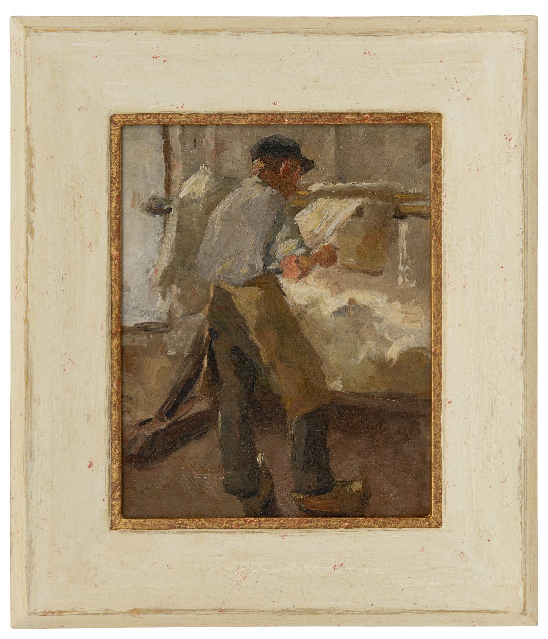 Rappard A.G.A. van | 'Anthon' Gerhard Alexander van Rappard | Gemälde zum Verkauf angeboten | Junger Arbeiter an einem Spannrahmen, Öl auf Leinwand 33,1 x 26,3 cm, zu datieren um 1890-1891