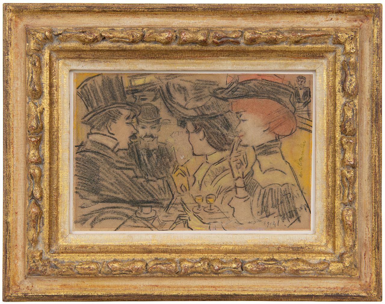 Toorop J.Th.  | Johannes Theodorus 'Jan' Toorop | Aquarelle und Zeichnungen zum Verkauf angeboten | Elegante Gesellschaft im Café de la Paix, Paris, Schwarze und Farbkreide auf Papier 14,6 x 22,1 cm, Unterzeichnet u.r. und datiert 1904