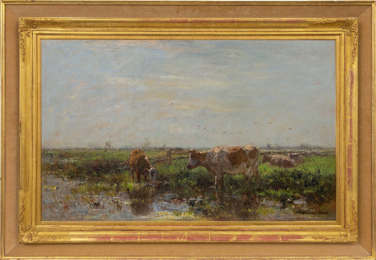 Maris W.  | Willem Maris | Gemälde zum Verkauf angeboten | Sommerlandschaft mit Kühen am Flussufer, Öl auf Leinwand 53,8 x 87,2 cm, Unterzeichnet u.r.