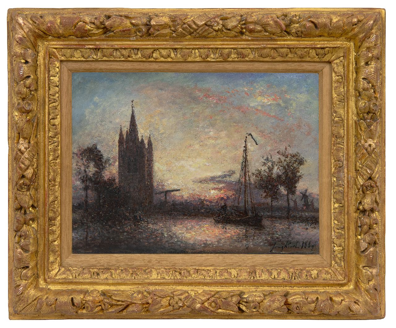 Jongkind J.B.  | Johan Barthold Jongkind | Gemälde zum Verkauf angeboten | Coucher de soleil sur l'église, Hollande, Öl auf Leinwand 24,3 x 32,5 cm, Unterzeichnet u.r. und datiert 1869