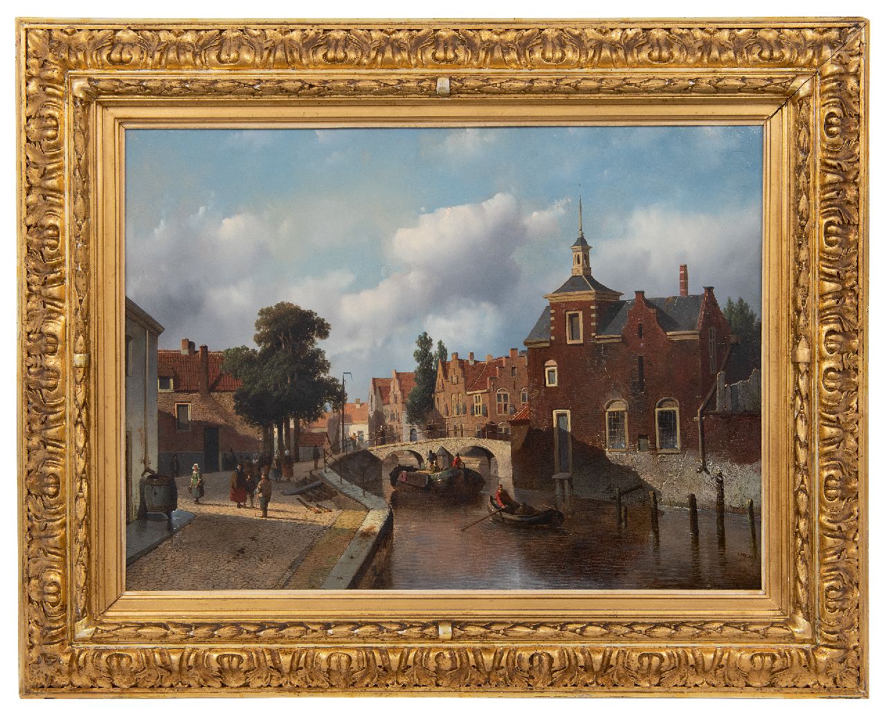 Vrolijk J.A.  | Jacobus 'Adriaan' Vrolijk | Gemälde zum Verkauf angeboten | Holländischer Stadtkanal mit Schifffahrt und Figuren, Öl auf Holz 38,6 x 52,4 cm, Unterzeichnet u.r.
