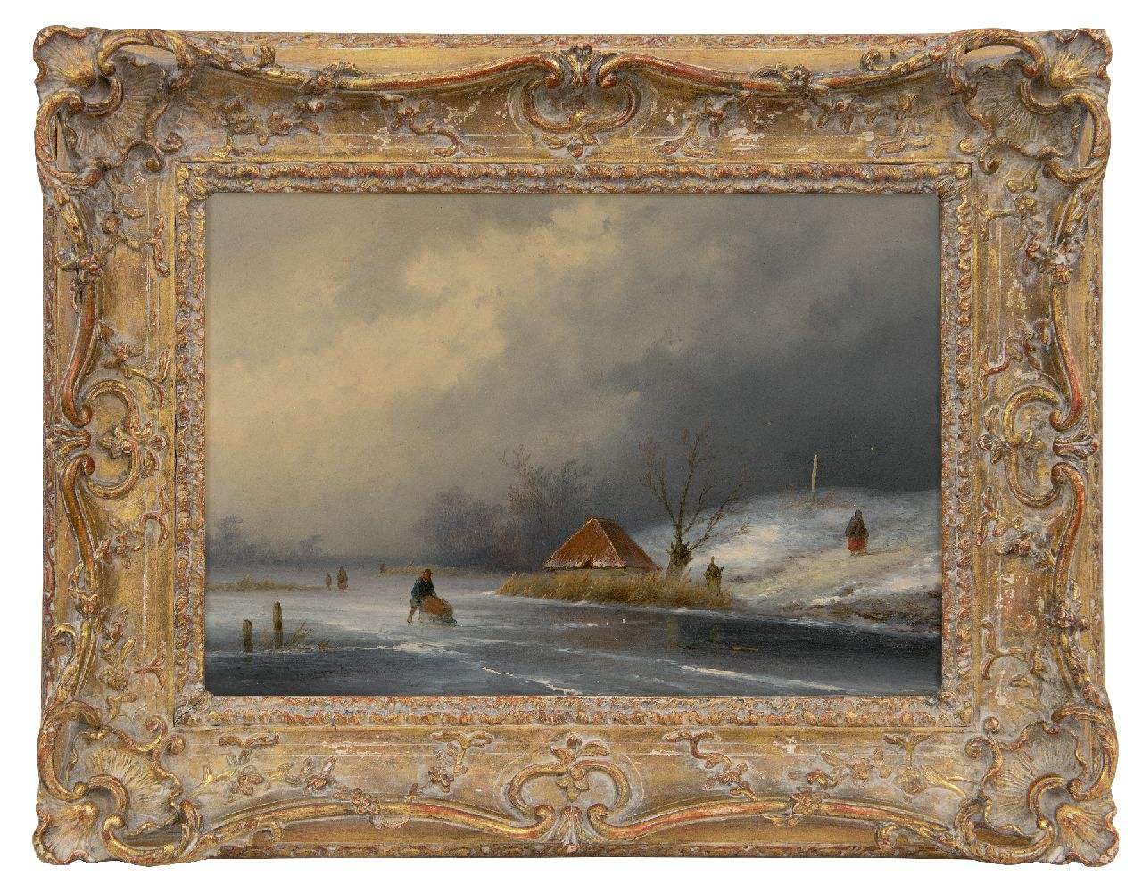 Hoppenbrouwers J.F.  | Johannes Franciscus Hoppenbrouwers | Gemälde zum Verkauf angeboten | Figuren auf dem Eis mit nahenden Schneesturm, Öl auf Holz 22,3 x 31,5 cm, Unterzeichnet u.l.