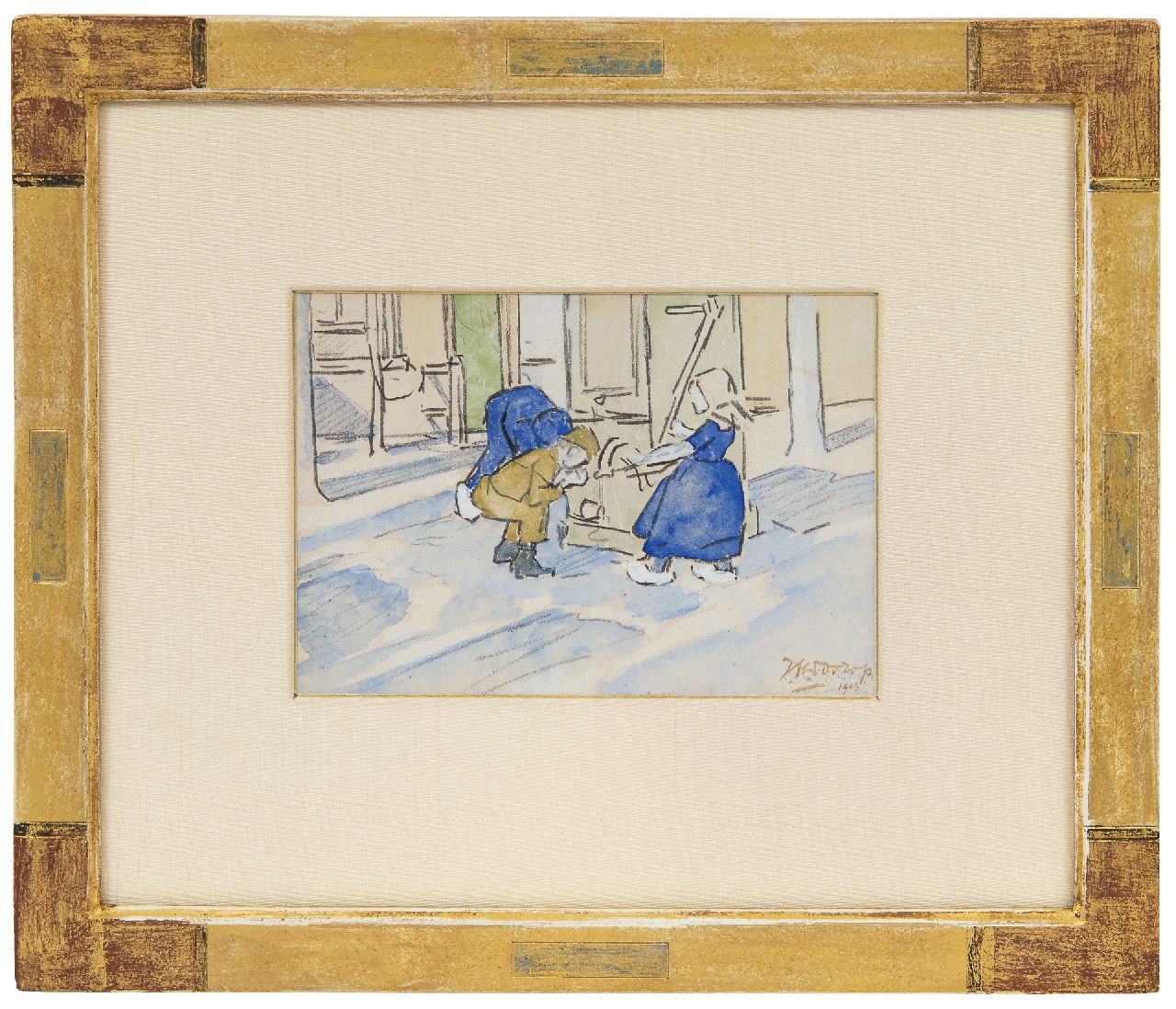 Toorop J.Th.  | Johannes Theodorus 'Jan' Toorop, Kinder an einer Dorfpumpe, Schwarze Kreide und Aquarell auf Papier 11,3 x 15,8 cm, Unterzeichnet u.r. (doppelt) und datiert 1903 (doppelt)