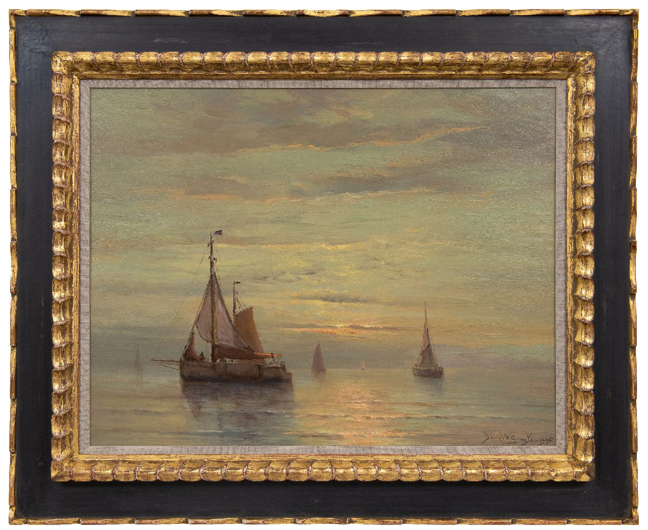 Gruijter J.W.  | Jacob Willem Gruijter | Gemälde zum Verkauf angeboten | Schiffe auf ruhiger See bei Sonnenuntergang, Öl auf Holz 50,4 x 65,0 cm, Unterzeichnet u.r. und datiert 1905