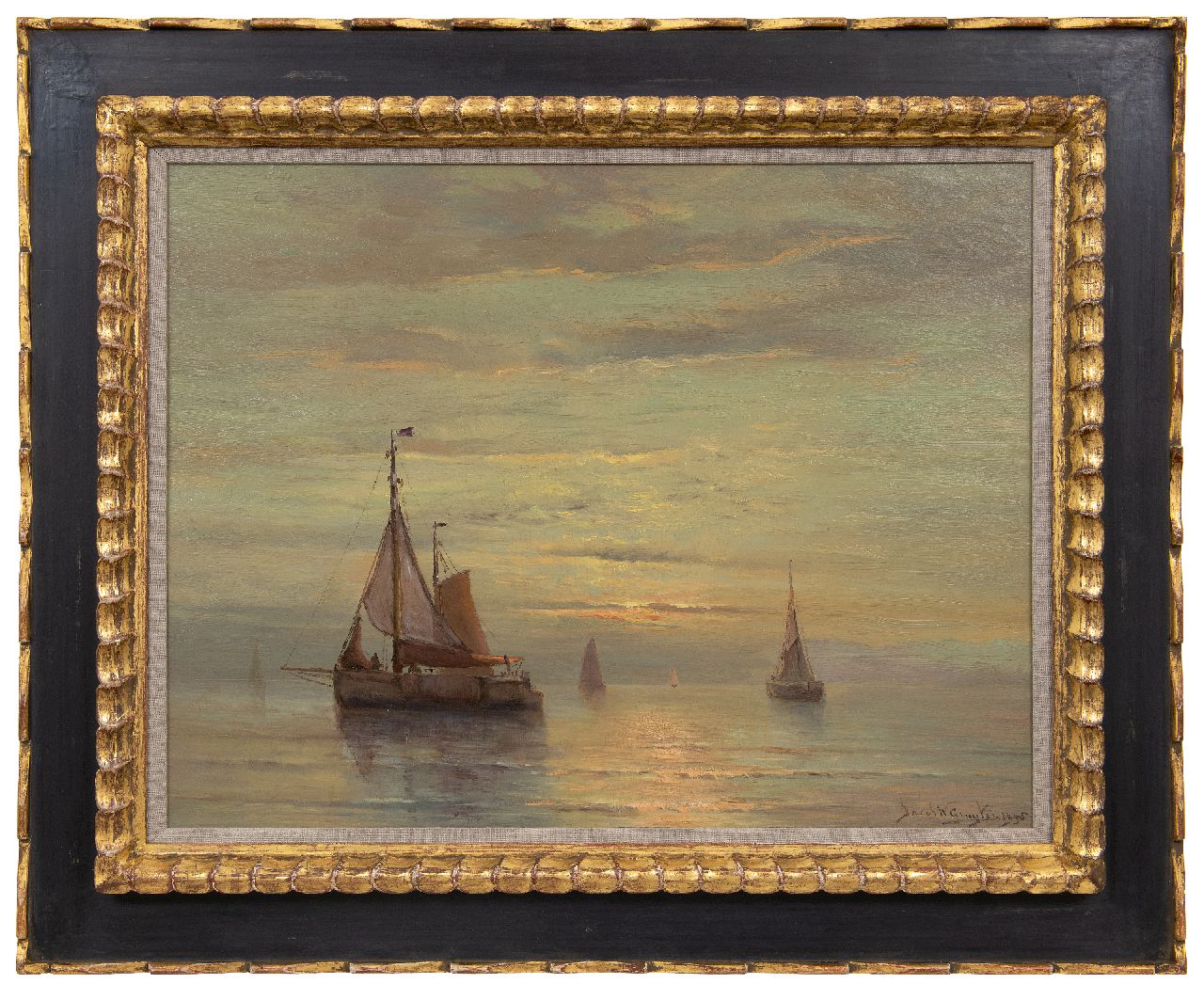 Gruijter J.W.  | Jacob Willem Gruijter | Gemälde zum Verkauf angeboten | Schiffe auf ruhiger See bei Sonnenuntergang, Öl auf Holz 50,4 x 65,0 cm, Unterzeichnet u.r. und datiert 1905, ohne Rahmen