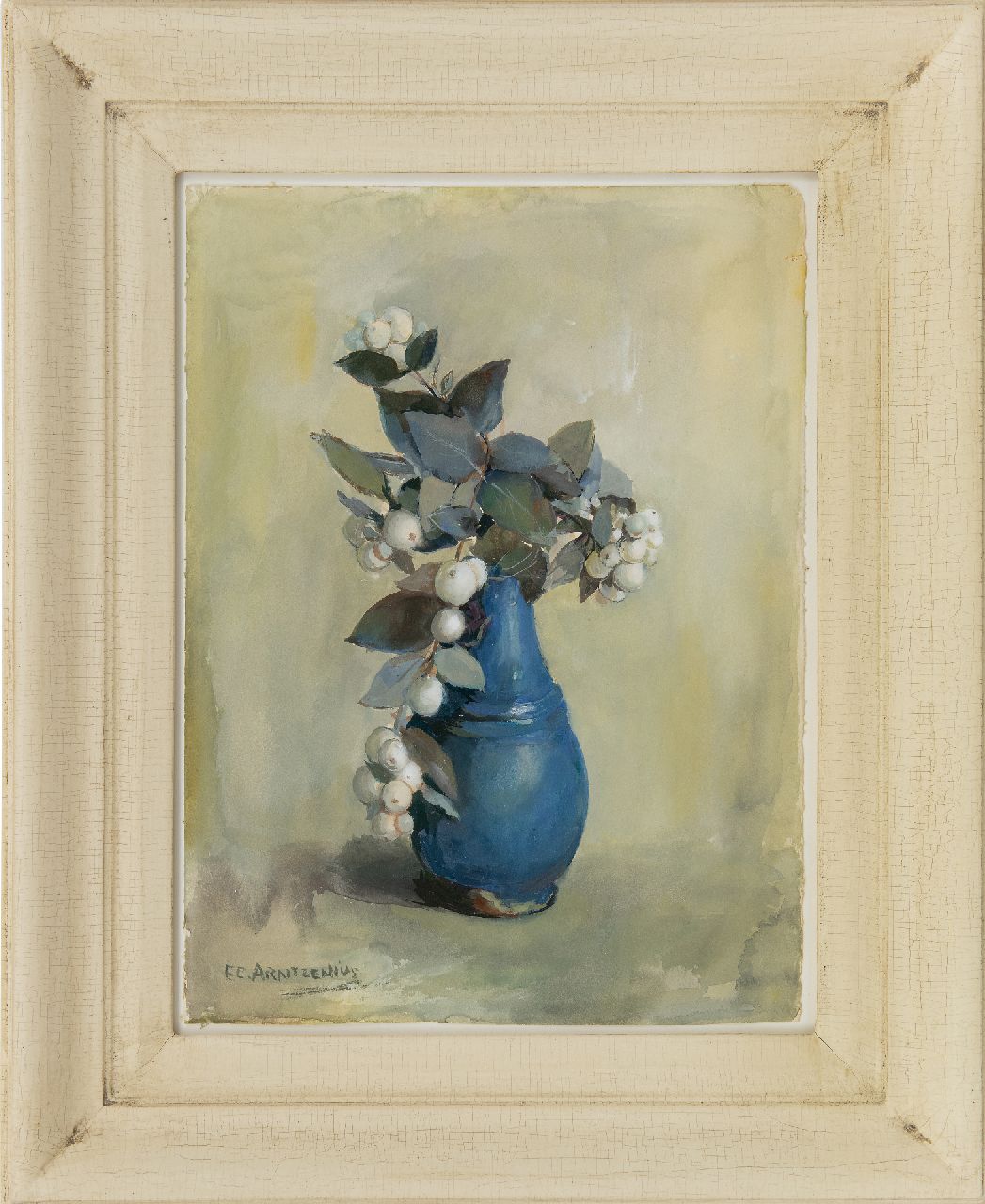 Arntzenius E.C.  | Elise Claudine Arntzenius | Aquarelle und Zeichnungen zum Verkauf angeboten | Schneebeeren in blauer Vase, Gouache auf Papier 36,8 x 27,3 cm, Unterzeichnet u.l.