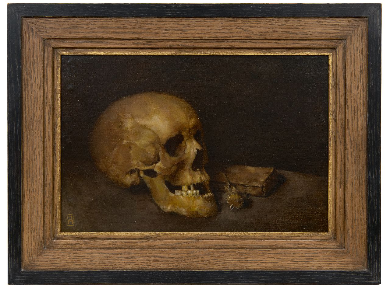 Mankes J.  | Jan Mankes, Vanitas-Stillleben, Öl auf Leinwand  auf Holzfaser 26,7 x 40,6 cm, Unterzeichnet u.l. mit Monogramm und te dateren 1917